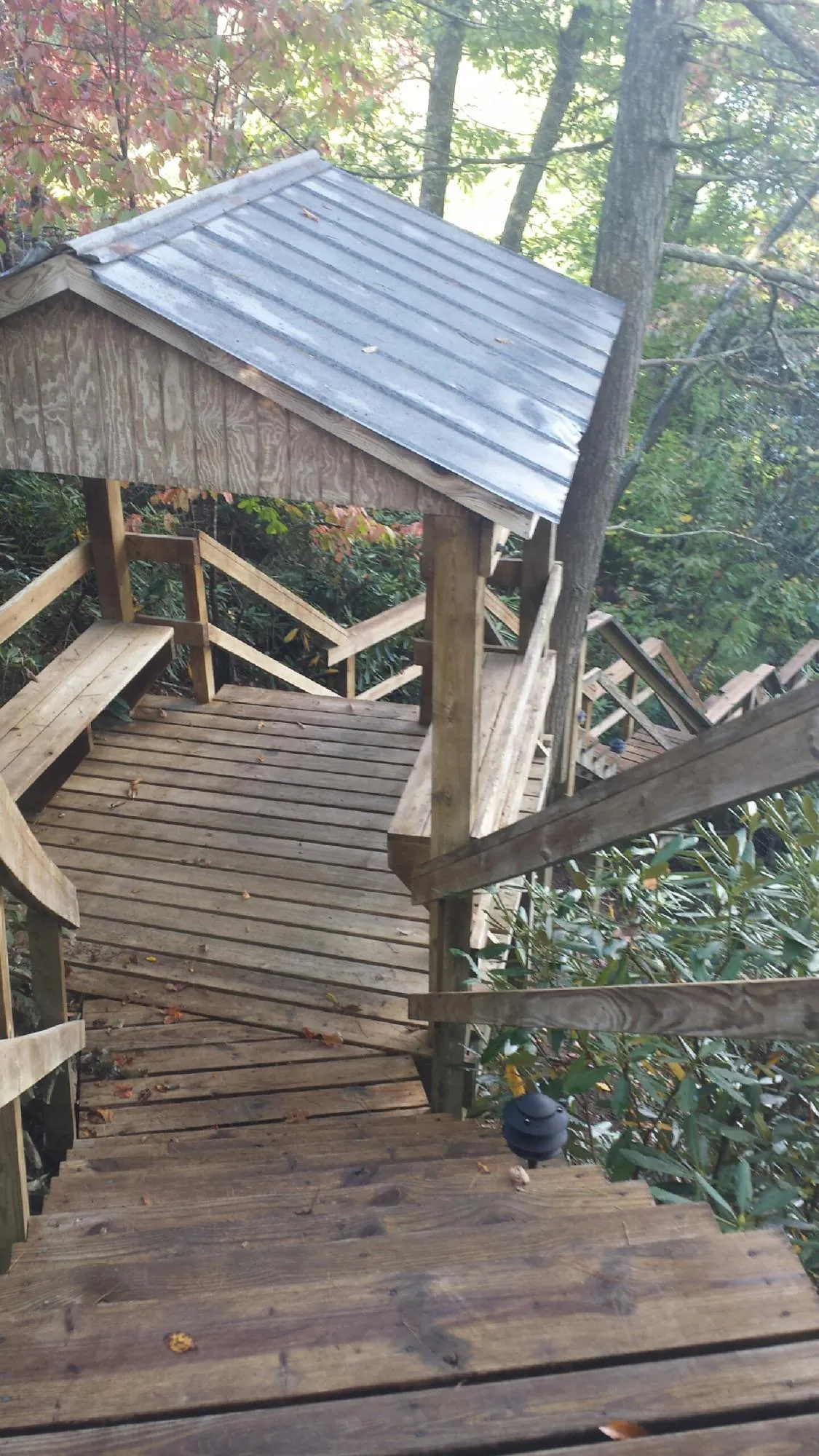Metal roofed shelter over wooden steps on a wooded walkway — Skylight Repair & Installation work by our crew in Longboat Key